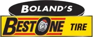 Boland's Best One Tire logo. Black oval with white text and a yellow rectangle with black/red text.