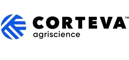 Corteva Agriscience logo with a blue and white geometric design. Text reads 'CORTEVA' and 'agriscience'.