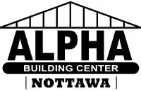 Logo for Alpha Building Center in Nottawa, featuring the name under a roof outline.