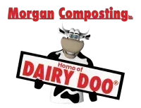 Cartoon cow holding a sign that says 'Home of DAIRY DOO,' Morgan Composting logo above.