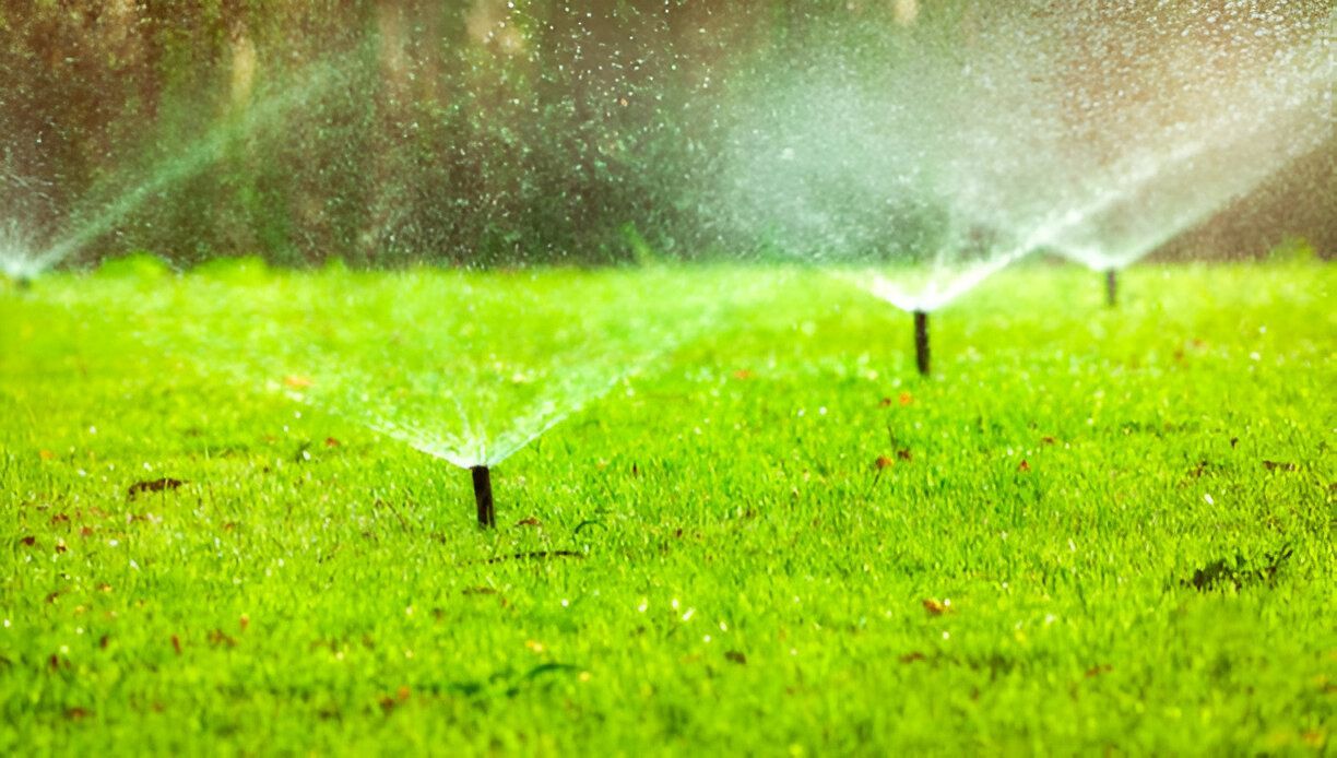 Sprinklers watering green grass in a sunny outdoor setting.
