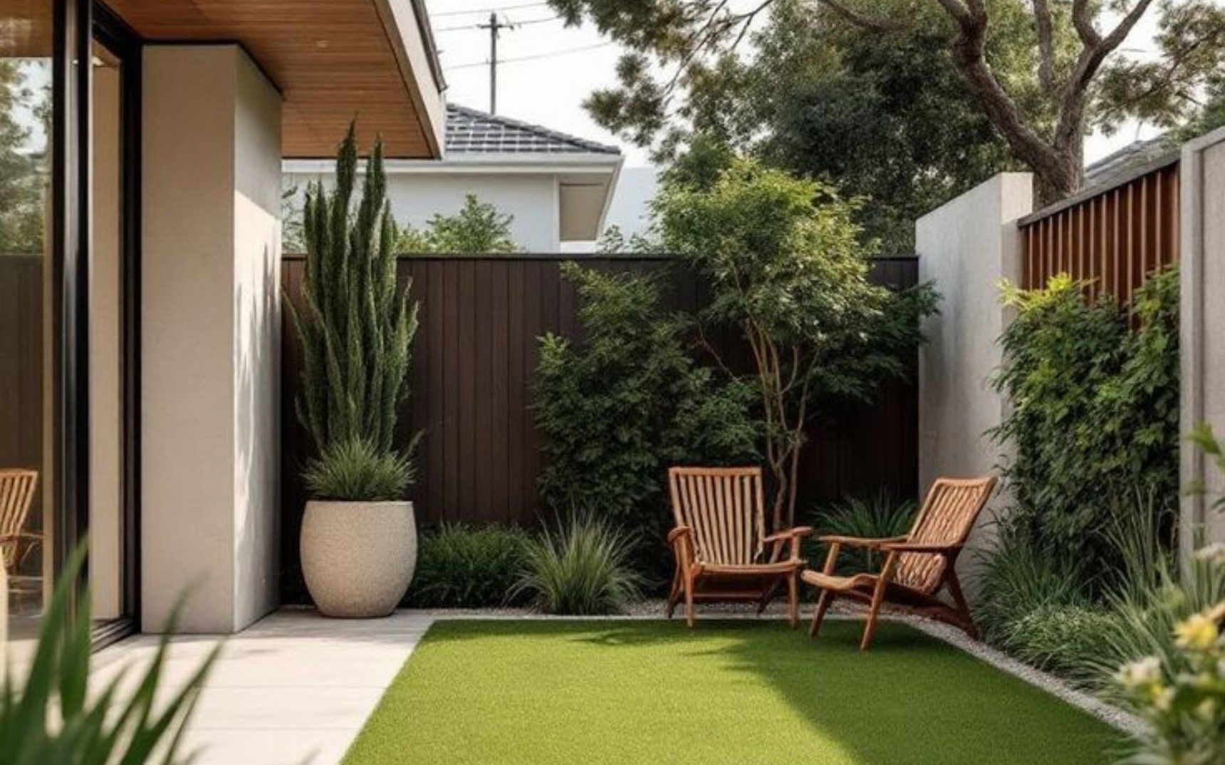 Small backyard with green lawn, wooden chairs, and tall potted plant.