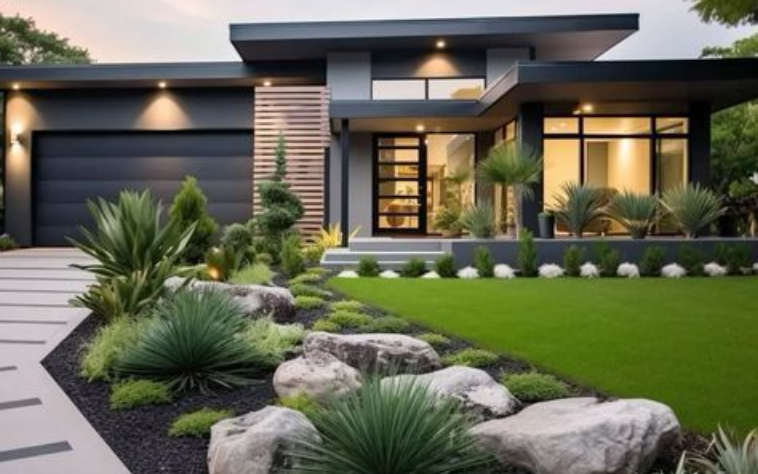 Modern gray house with lush landscaping, including rocks, plants, and a green lawn.