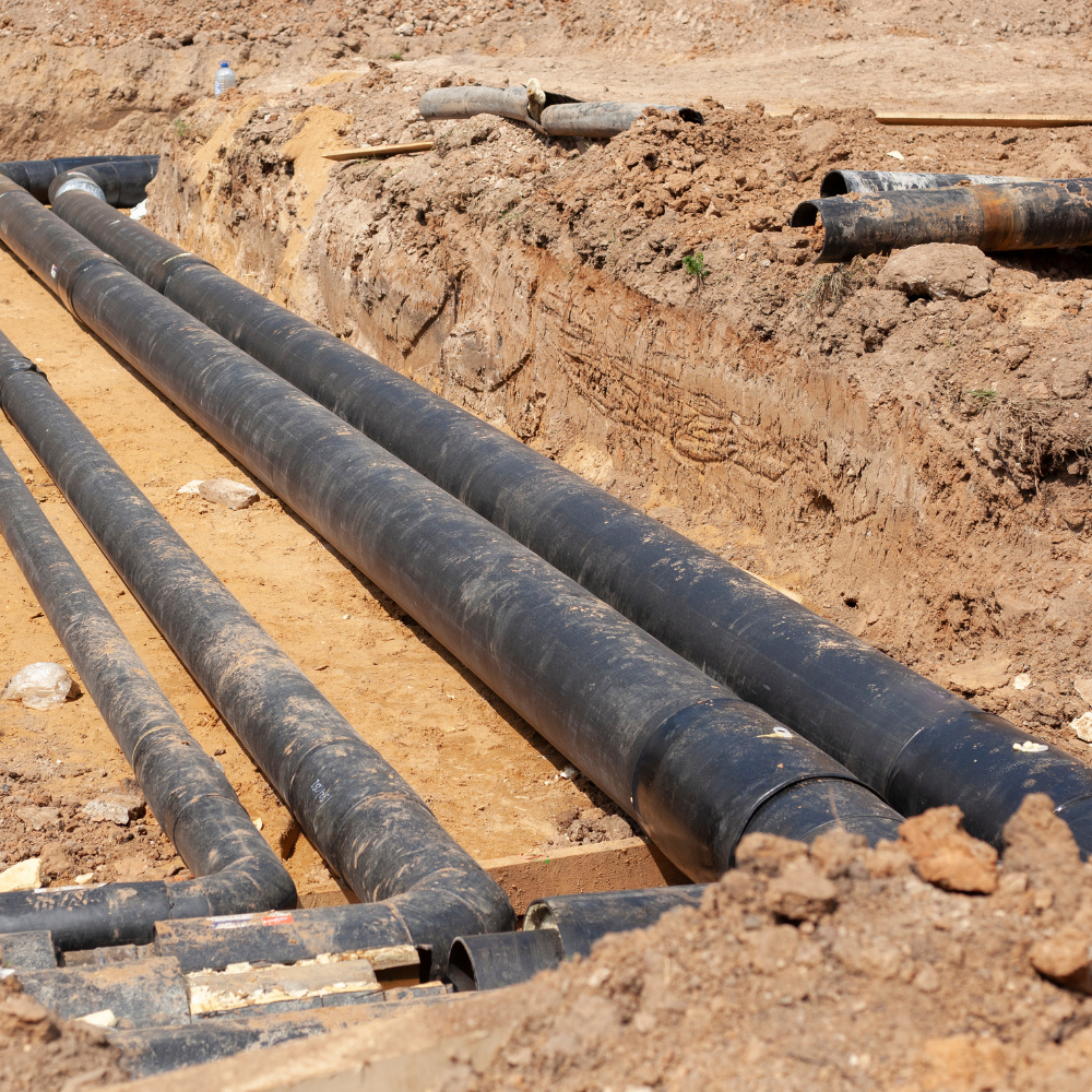A bunch of black pipes are laying in a dirt ditch for underground utility installations