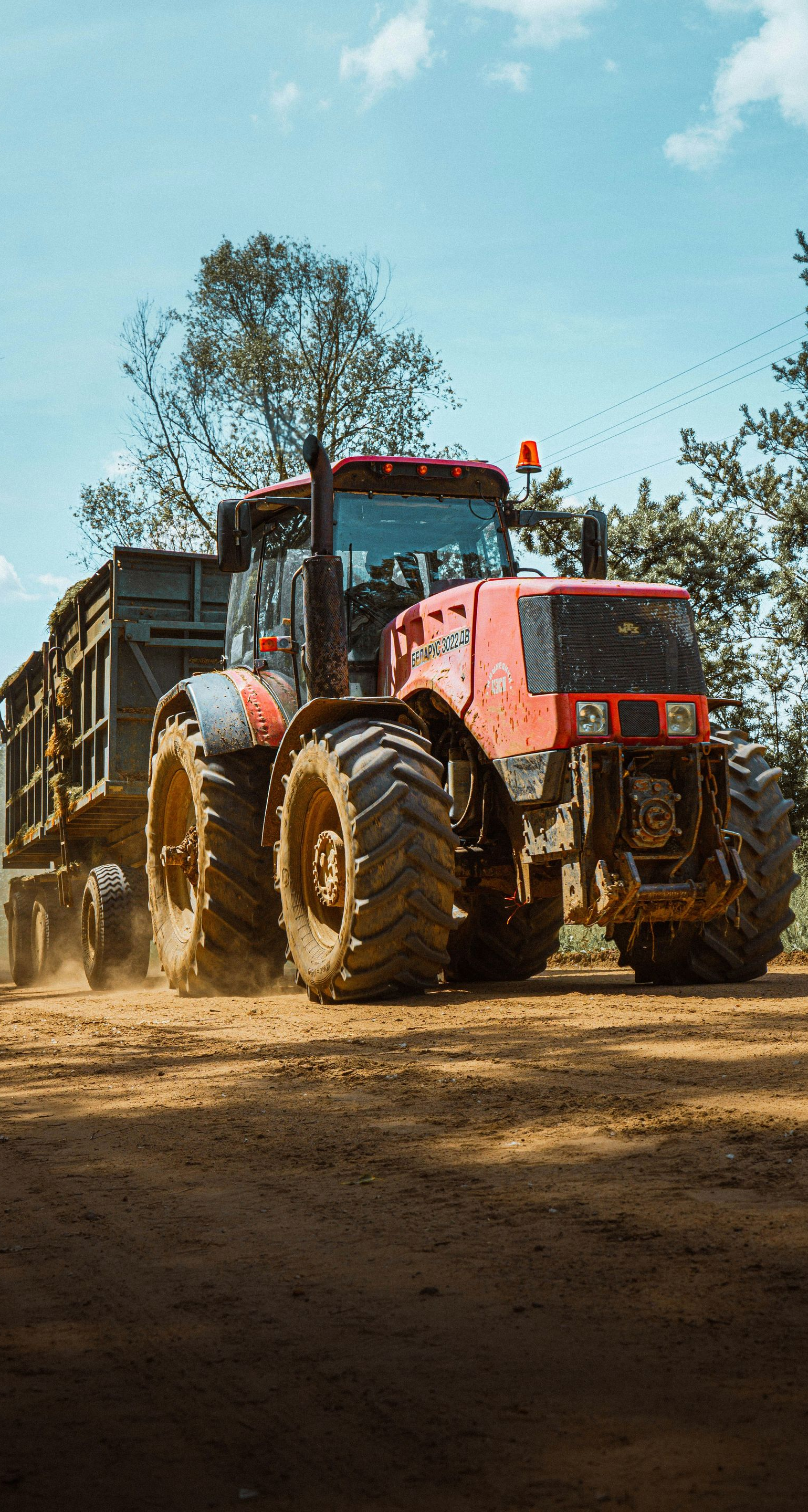 A red tractor pulls a trailer over a dusty dirt path surrounded by trees under a bright blue sky.