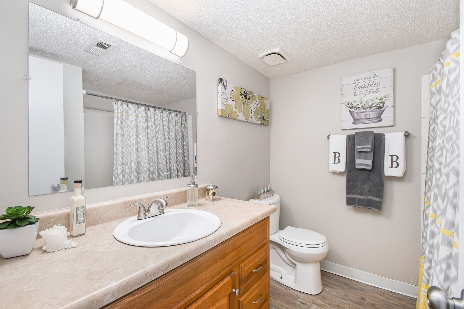 Bathroom with light brown vanity, white sink, large mirror, and gray walls.  Towels with “B” hang on the wall.