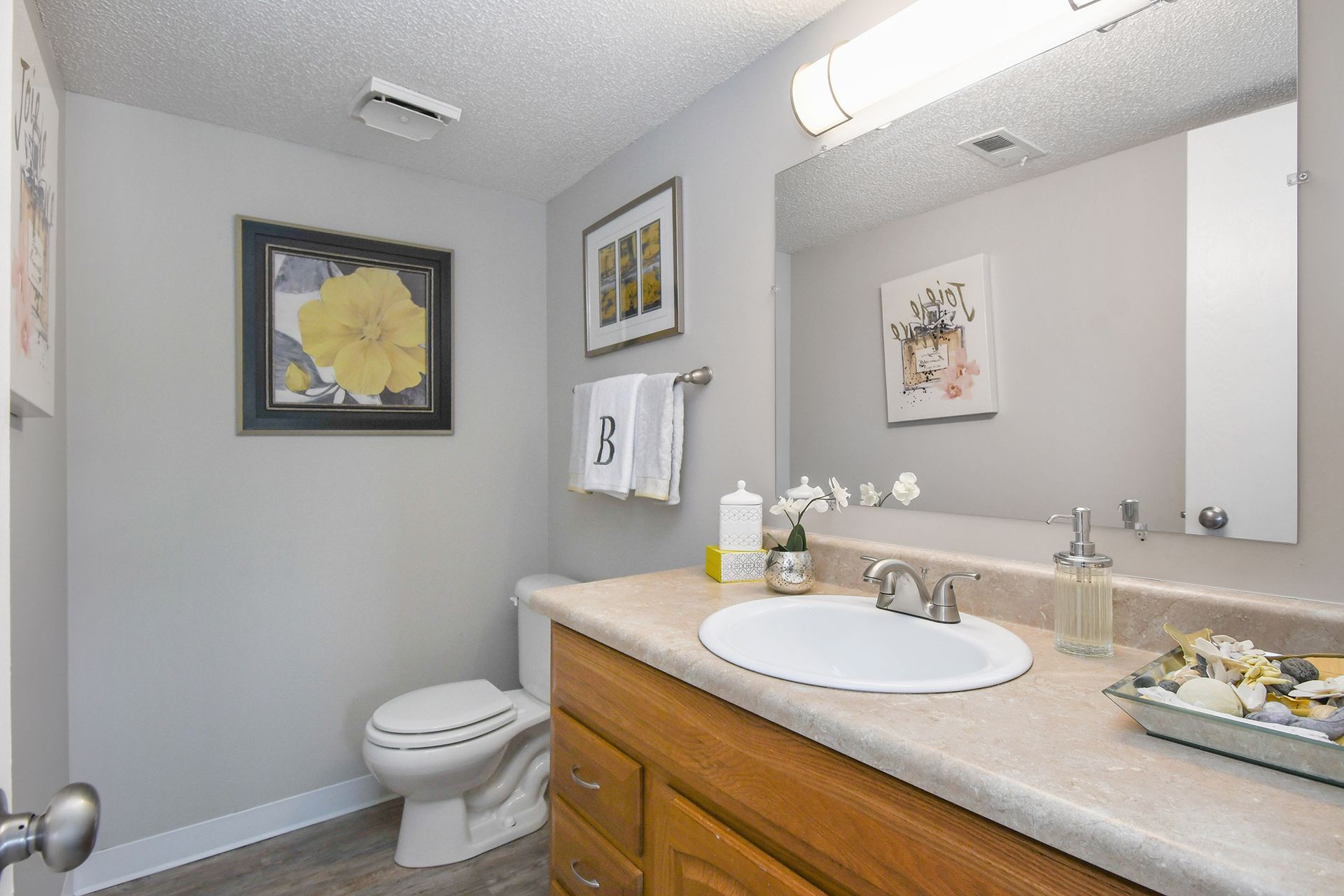 Bathroom with gray walls, light wood vanity, white sink, and decorative art.