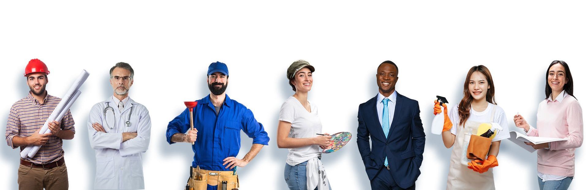 A group of people of different occupations are standing in a row.