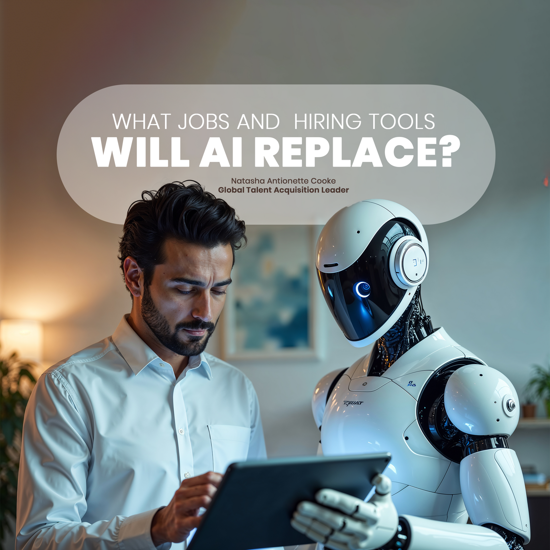 A man is looking at a tablet next to a robot.