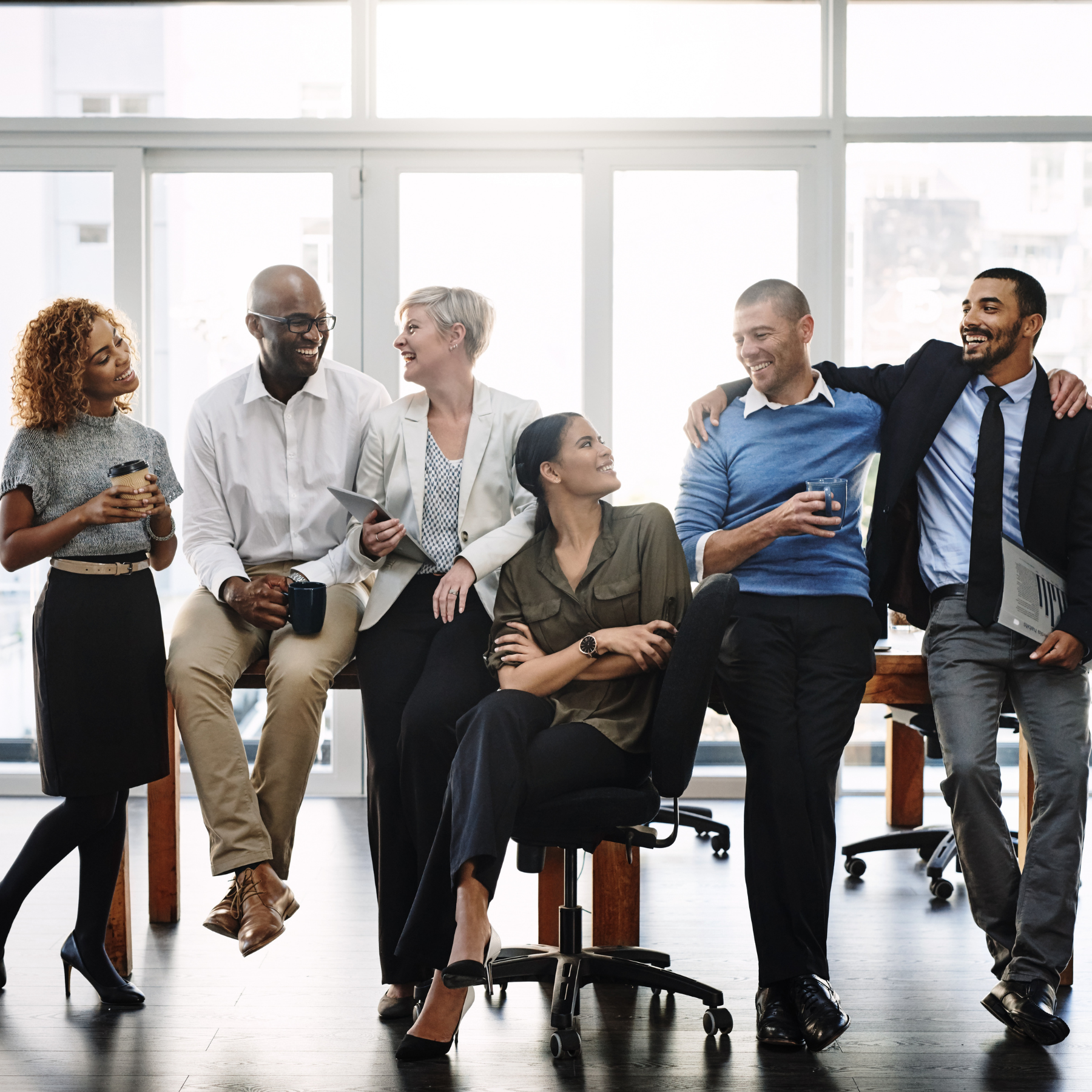 A group of employees are posing for a picture in an office.