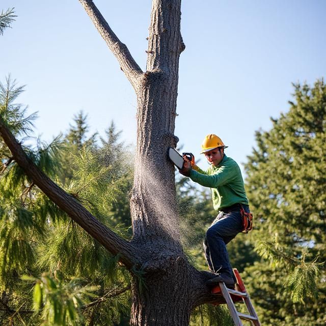 Arborist in a green shirt and hard hat uses a chainsaw on a tree, standing on a ladder.