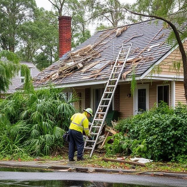 Person in yellow vest assessing storm-damaged roof on a house, ladder propped against it.