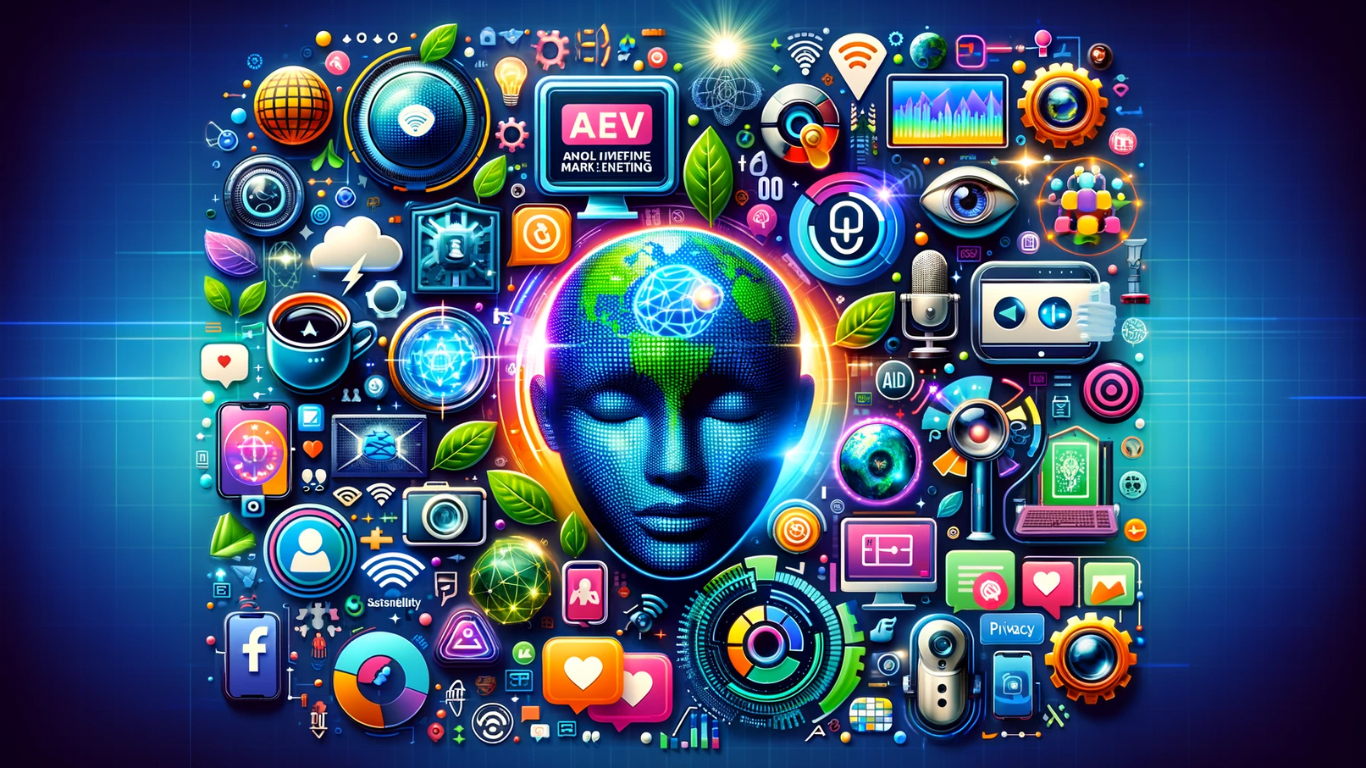 2024 digital marketing trends collage with AI, AR/VR, and social media icons.