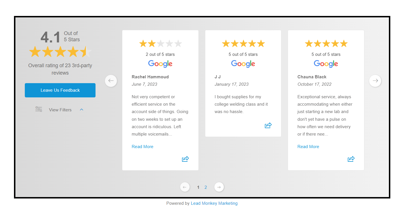 Example image of a website social proof solutions widget to showcase customer reviews and to encourage customers to leave feedback.