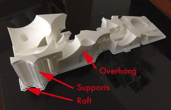 Print showing overhangs and supports