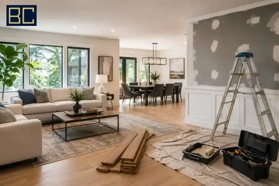 Bright living room under renovation with paint tools, ladders, and materials on the floor