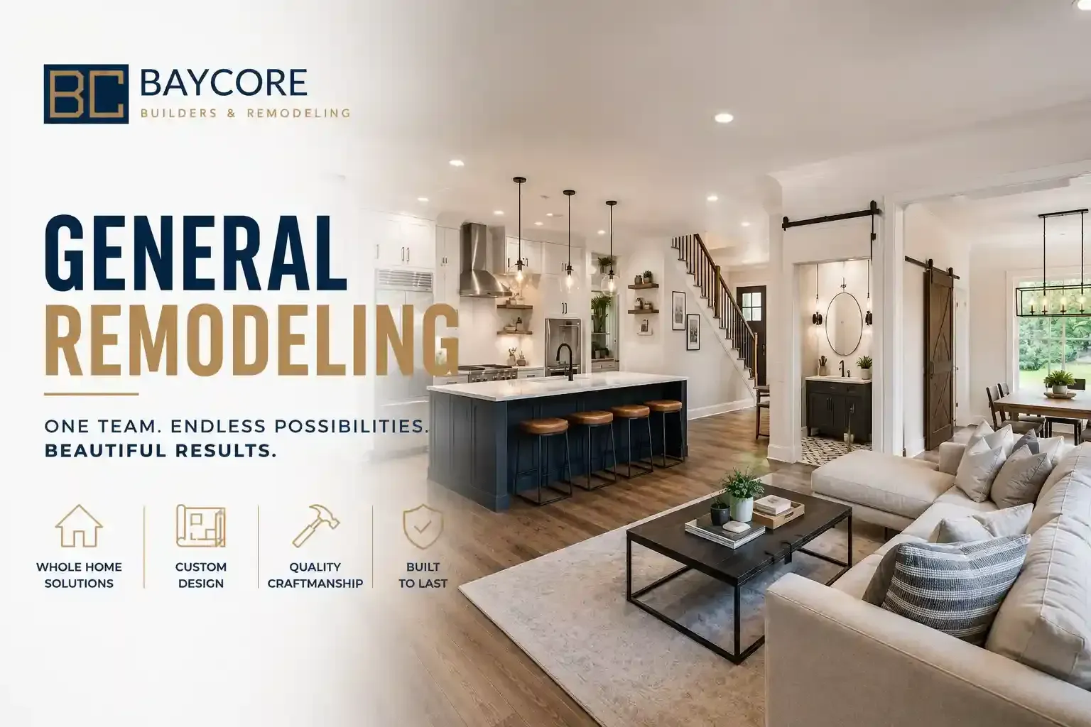 Kitchen Remodeling in Tampa by Baycore Builders featuring a luxury kitchen design with custom cabinets.