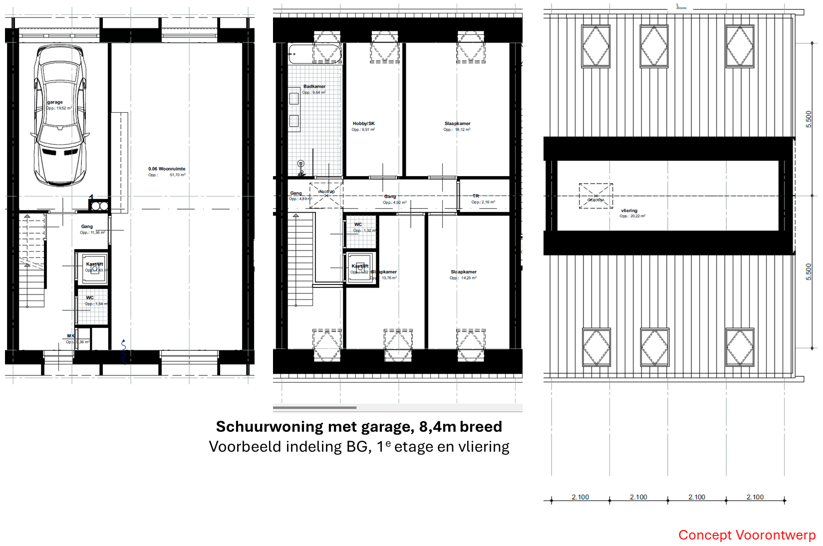 Schuurwoning van 8.4m breed, met garage.