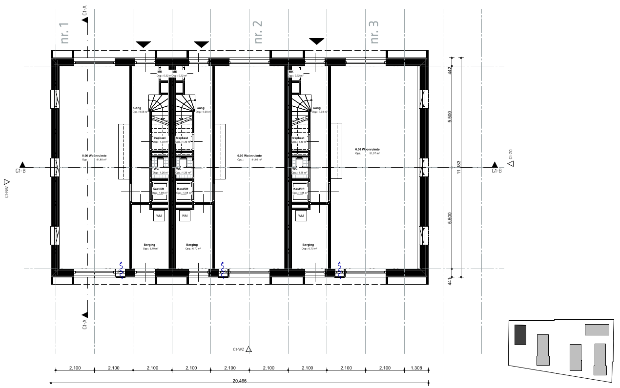 plattegrond van de begane grond, van woning 1, 2 en 3. De indeling is naar eigen wens in te delen, in samenspraak met de architect. De voordeur is bij de zwarte driehoek.