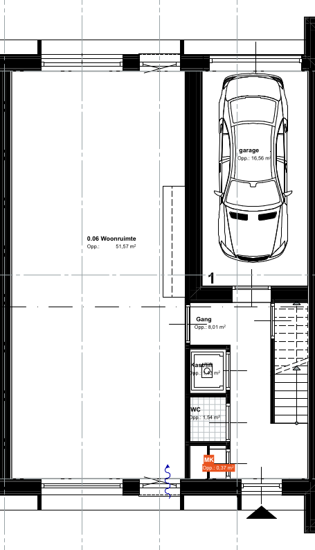 Plattegrond van de begane grond met een garage.