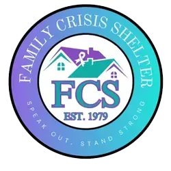 Logo: Family Crisis Shelter; blue, purple, and green with house graphic and