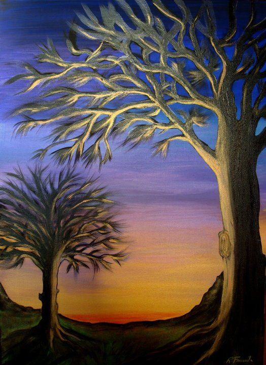 Dipinto di un paesaggio al tramonto