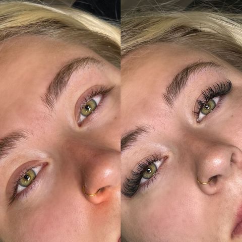 A before and after photo of a woman 's eyelashes.