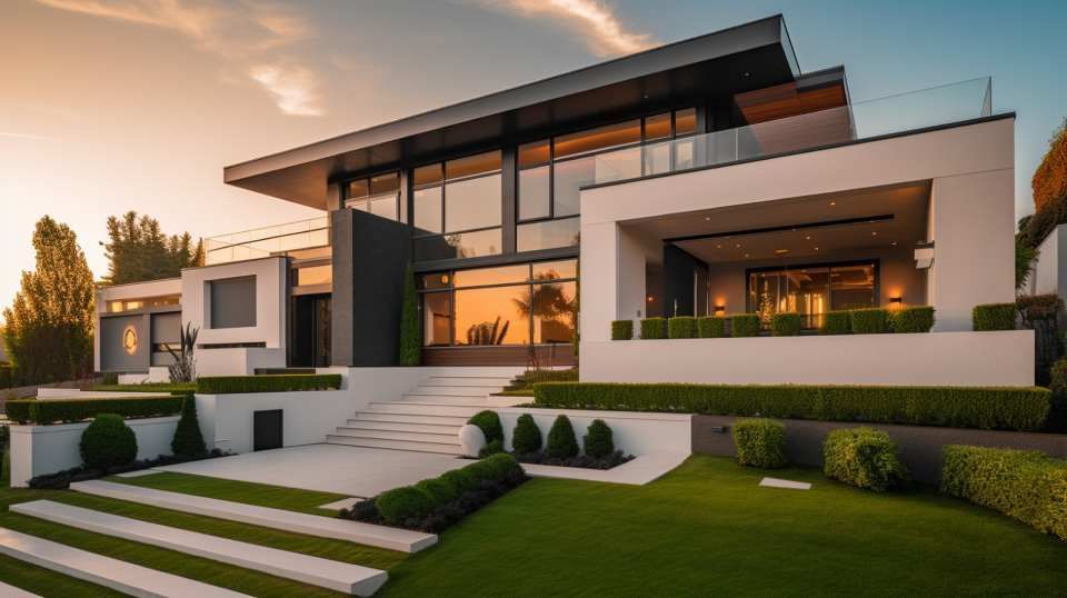 Modern two-story house with large windows, white walls, and manicured landscaping under a sunset sky.