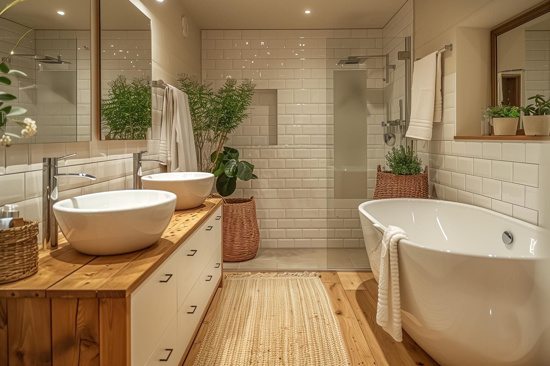 Bathroom with a white tub, two sinks on a wood vanity, and a glass shower. Green plants add decor.