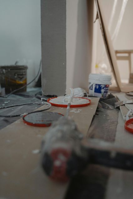 A bucket of paint is sitting on the floor next to a hammer.