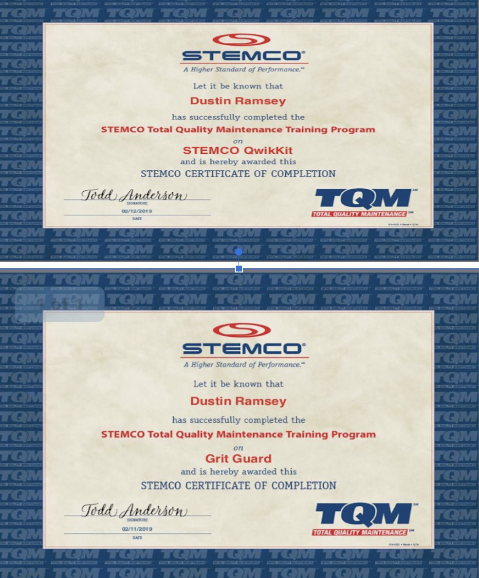 Two STEMCO certificates for Dustin Ramsey, one for Qwika and the other for Grit Guard, indicating training completion.