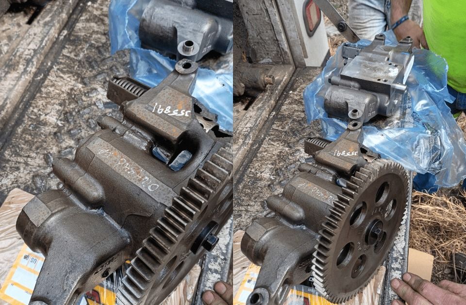 Two photos of an industrial gear assembly, showing its metal housing and gears.