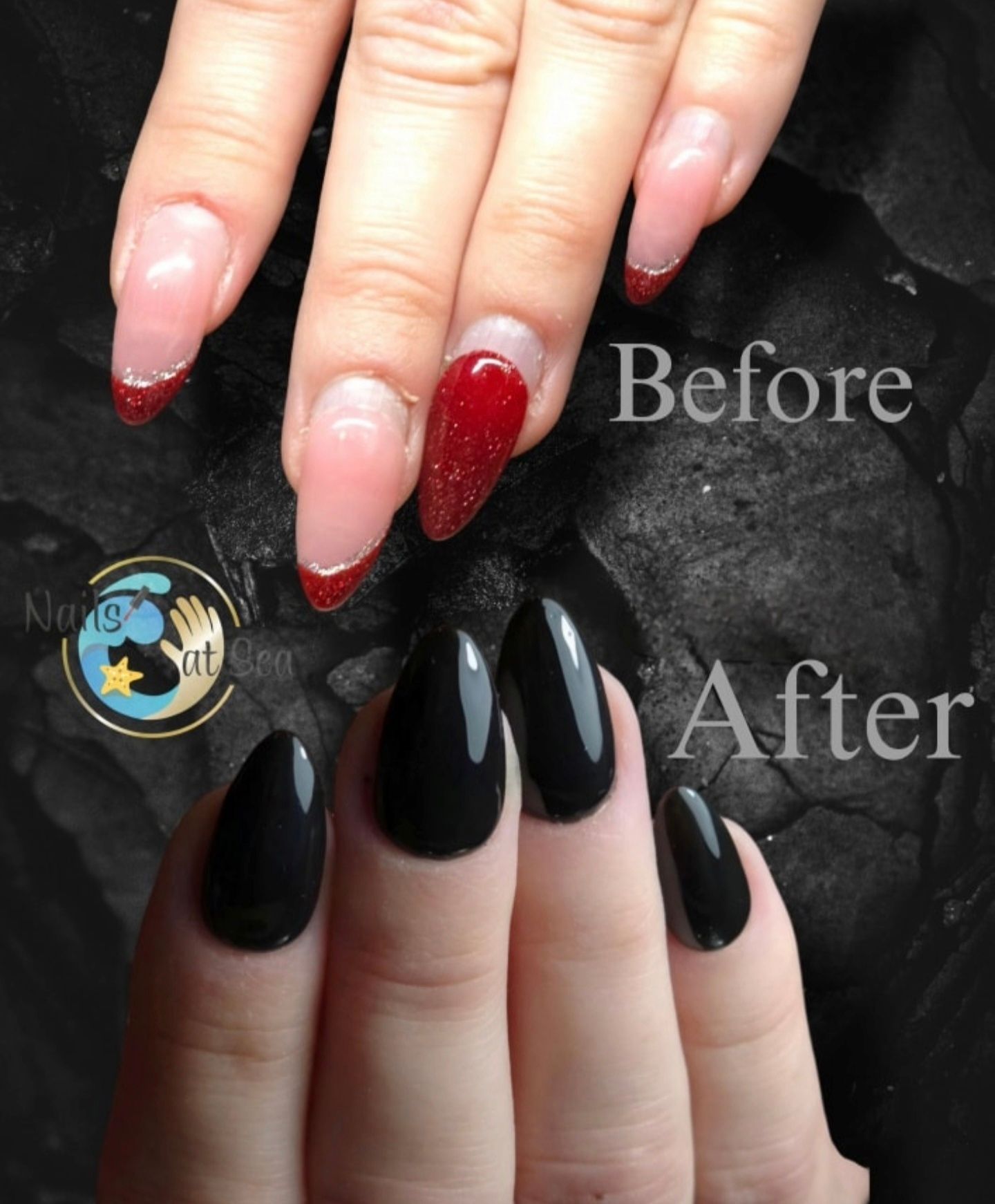 Een voor- en navergelijking van amandelvormige nagels, die de overgang laat zien van transparante uiteinden met rode glitter naar glanzend zwart.