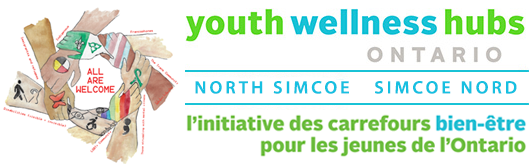 Logo for youth wellness hubs in Ontario, green and blue text with a graphic of flags and a wreath.