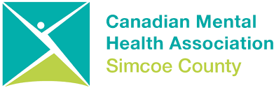 Logo of the CMHA, Simcoe County. Features a person with outstretched arms inside teal and green shapes.