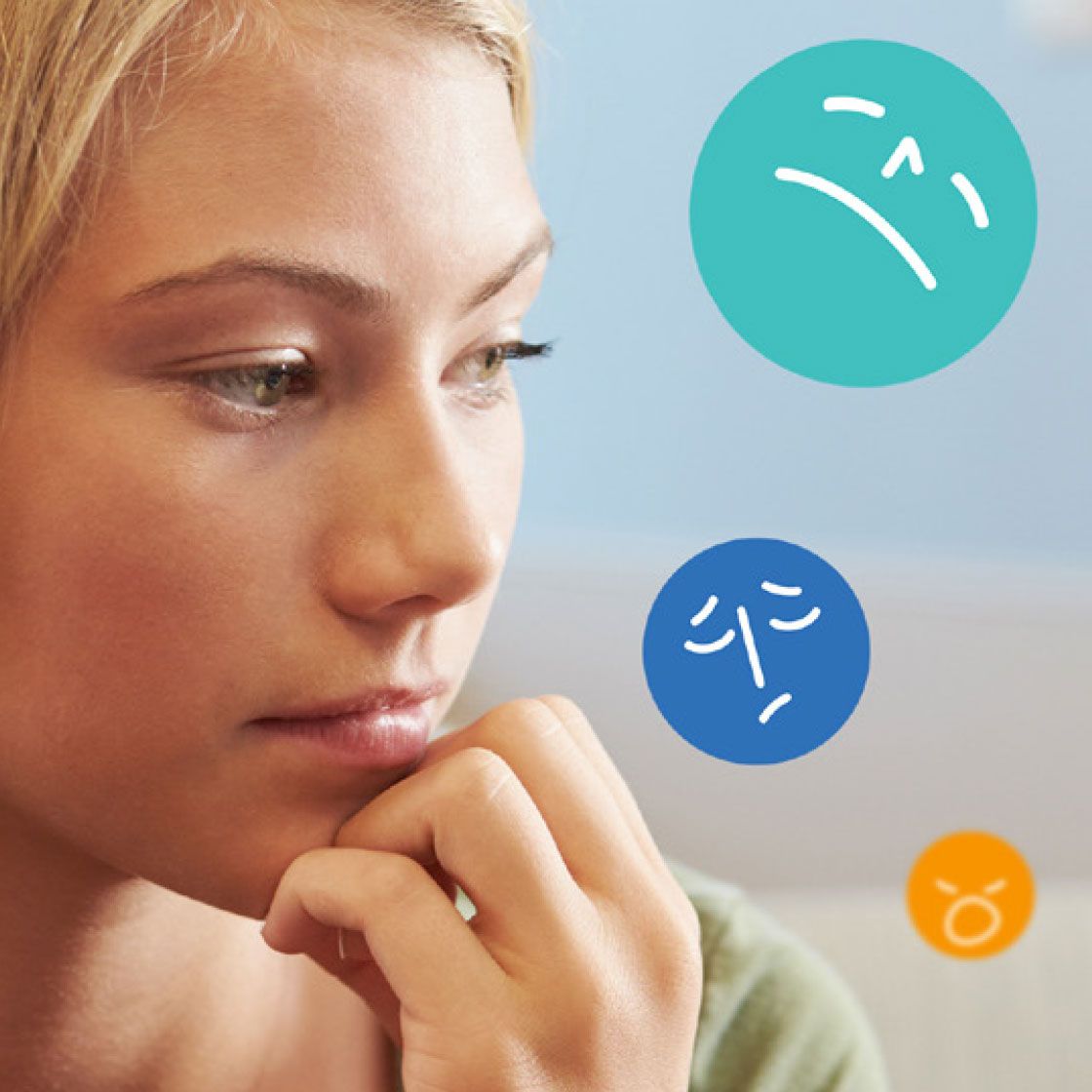 Woman with hand on chin, looking pensive, with icons representing negative emotions.