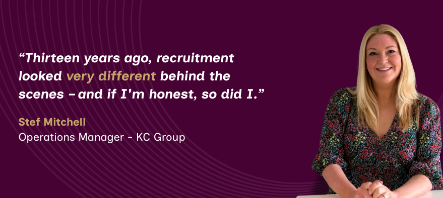 Woman smiling beside a white quote on a purple gradient background, promoting a personal testimonial.
