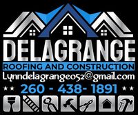 Logo for DeLagrange Roofing and Construction, featuring a house graphic and contact information.