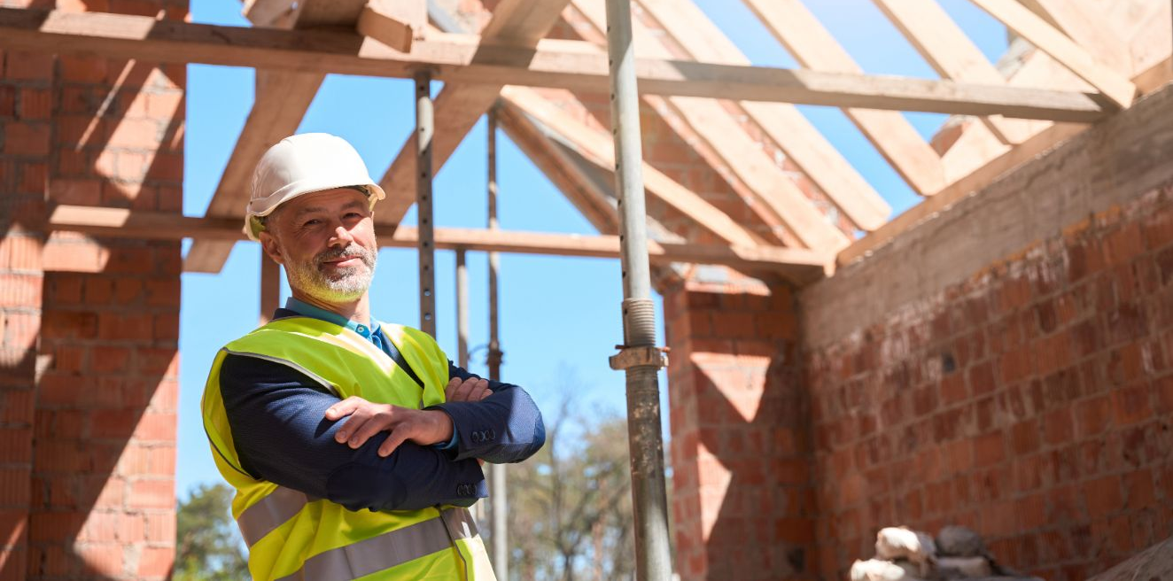 Construction worker wearing a hard hat and safety vest, arms crossed, inside a building under construction.