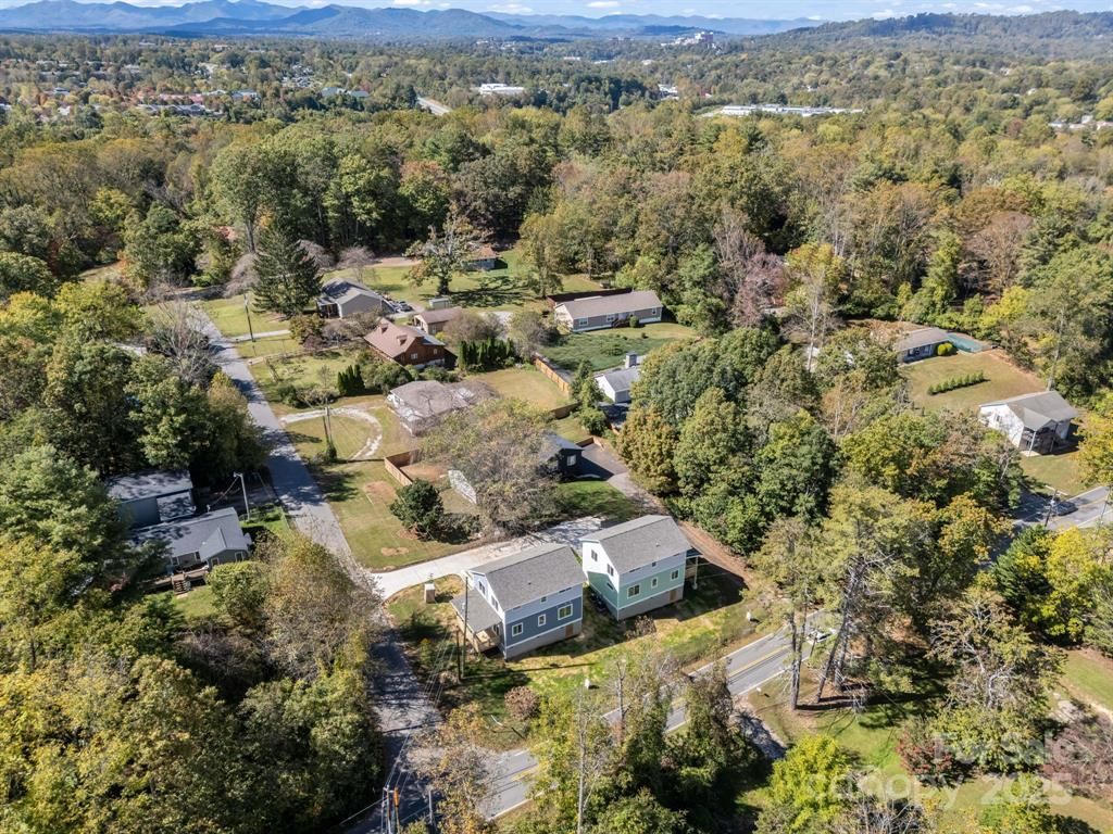 Aerial view of houses nestled among trees, road visible.