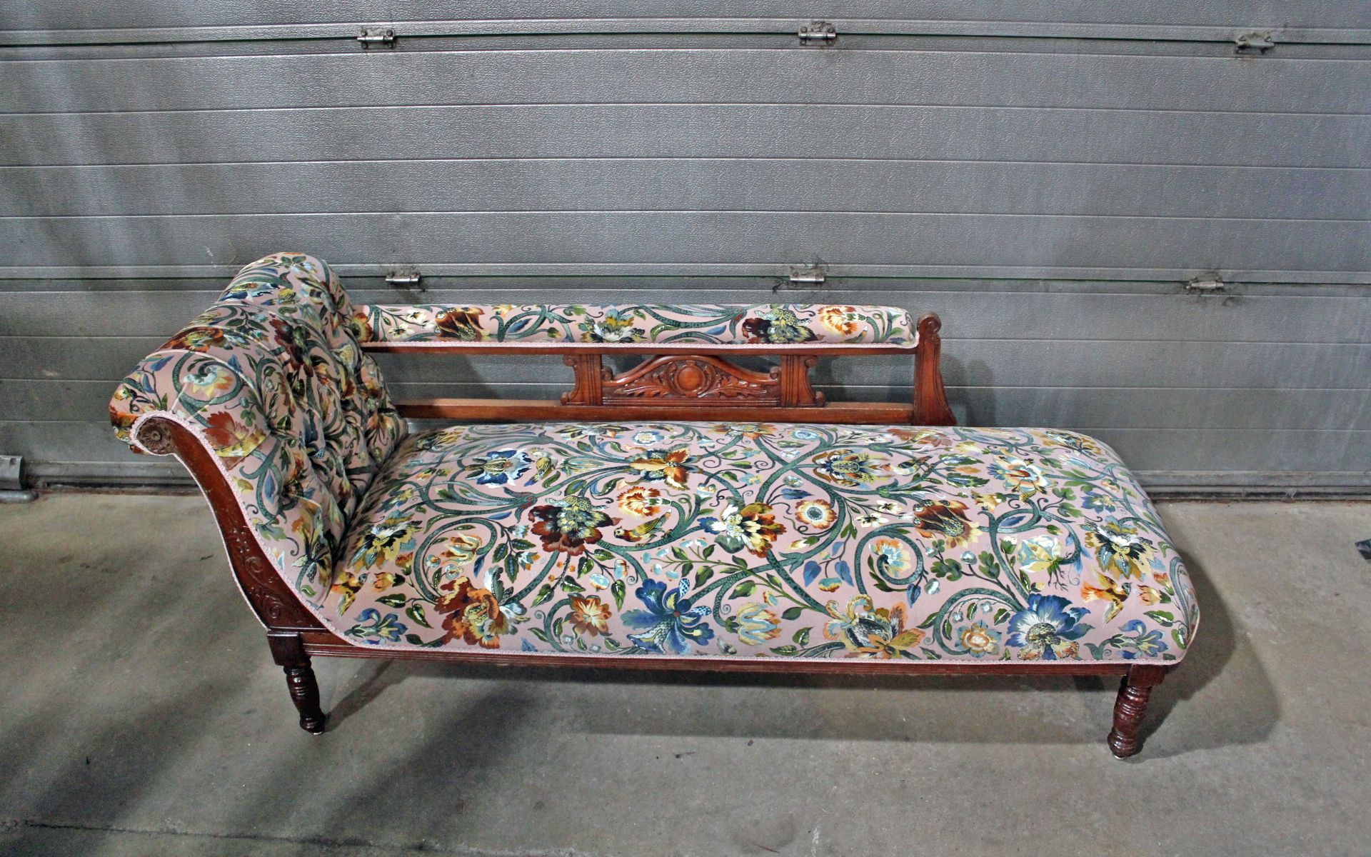 reupholstered floral fabric chaise after