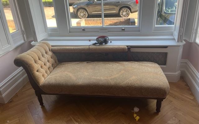 old chaise longue in beige damask fabric