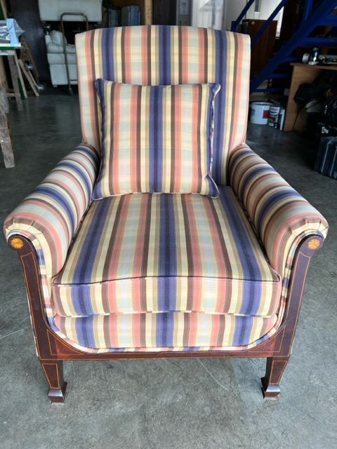 Small antique armchair, striped fabric. inlaid marquetry arms