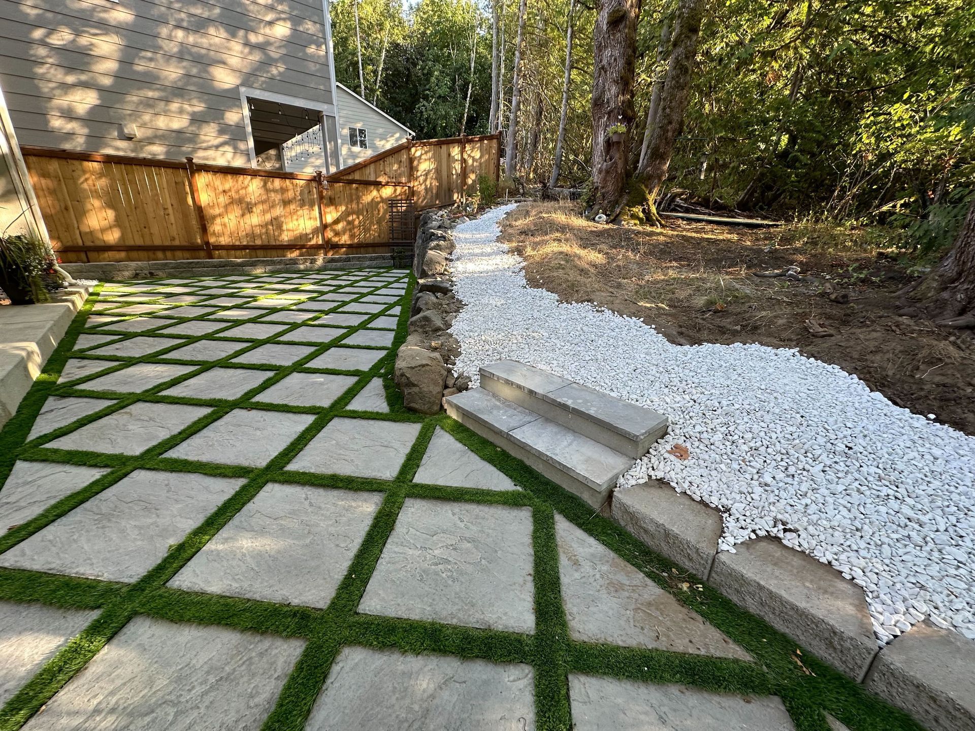 A walkway with grass and white gravel along the side of it.