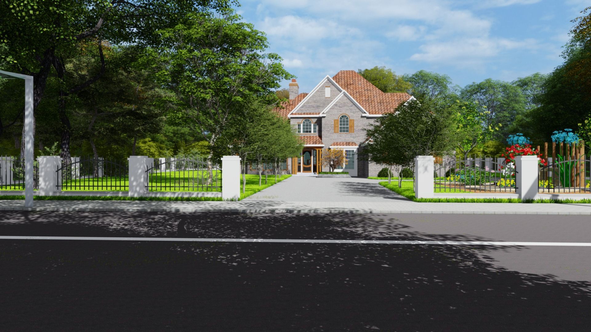 An artist 's impression of a large house with a driveway leading to it surrounded by trees.
