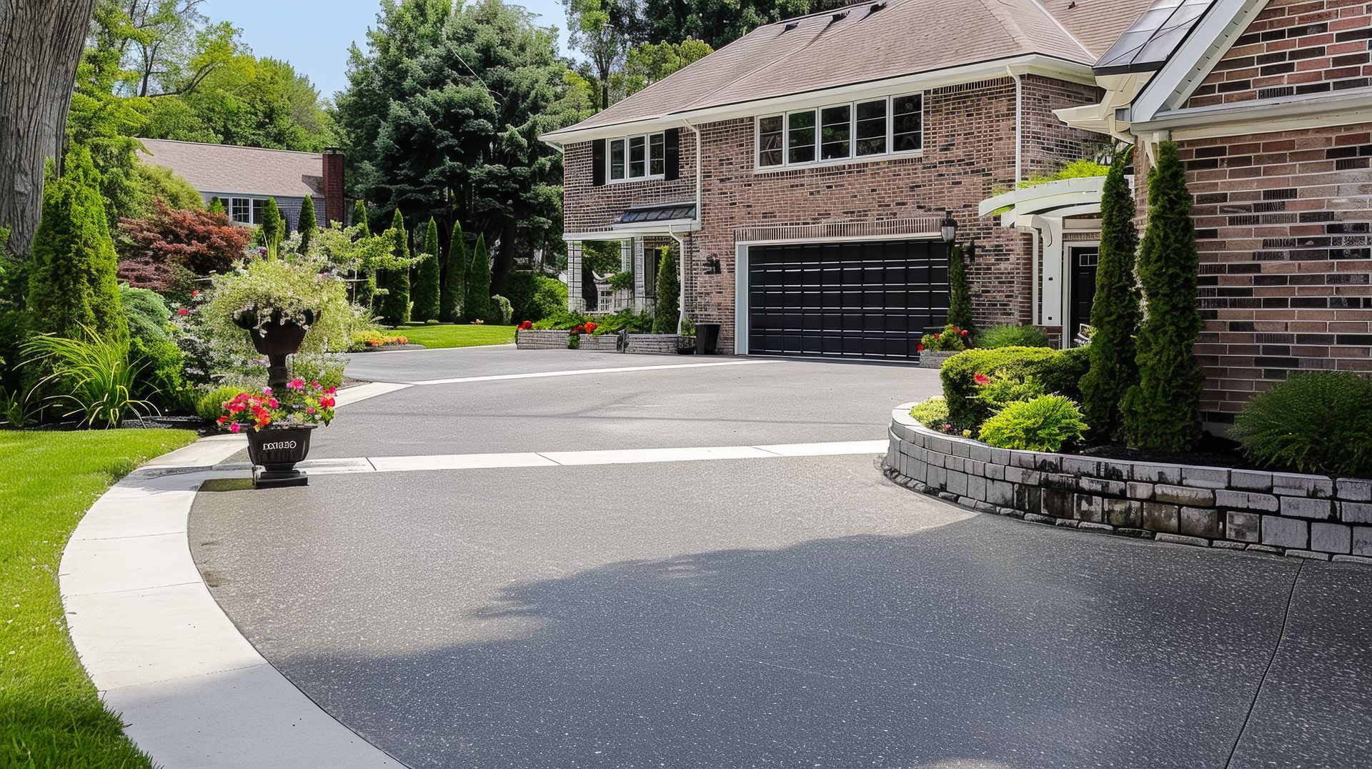 A driveway leading to a brick house with a black garage door.