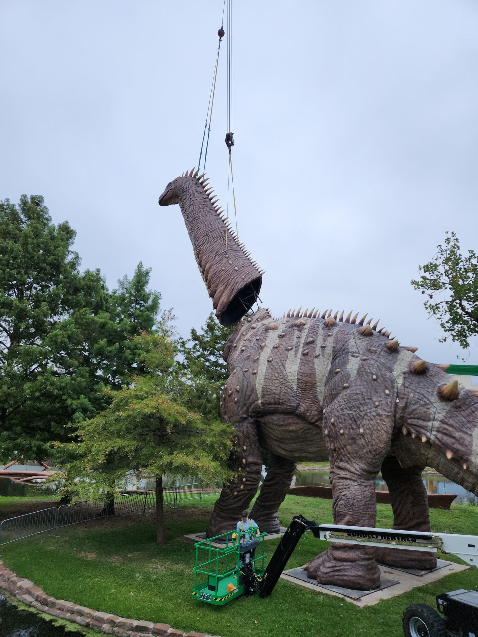 A large dinosaur sculpture being assembled outdoors with a crane. Its body is tan and brown, with a long neck and a cloudy sky in the background.