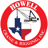 Logo for Howell Crane & Rigging, Inc., featuring a crane, the Texas outline with the state flag, and red lettering on a white background within a red circle.
