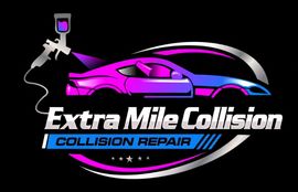 Extra Mile Collision logo with neon purple sports car and paint spray gun on black background