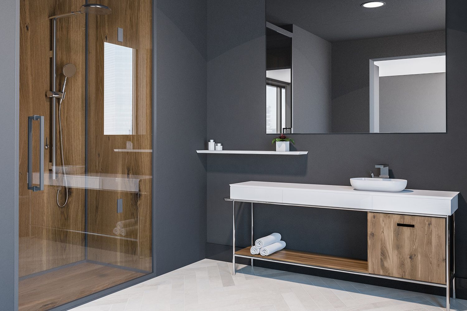 Modern bathroom with wood shower, dark gray walls, and white vanity with a vessel sink.